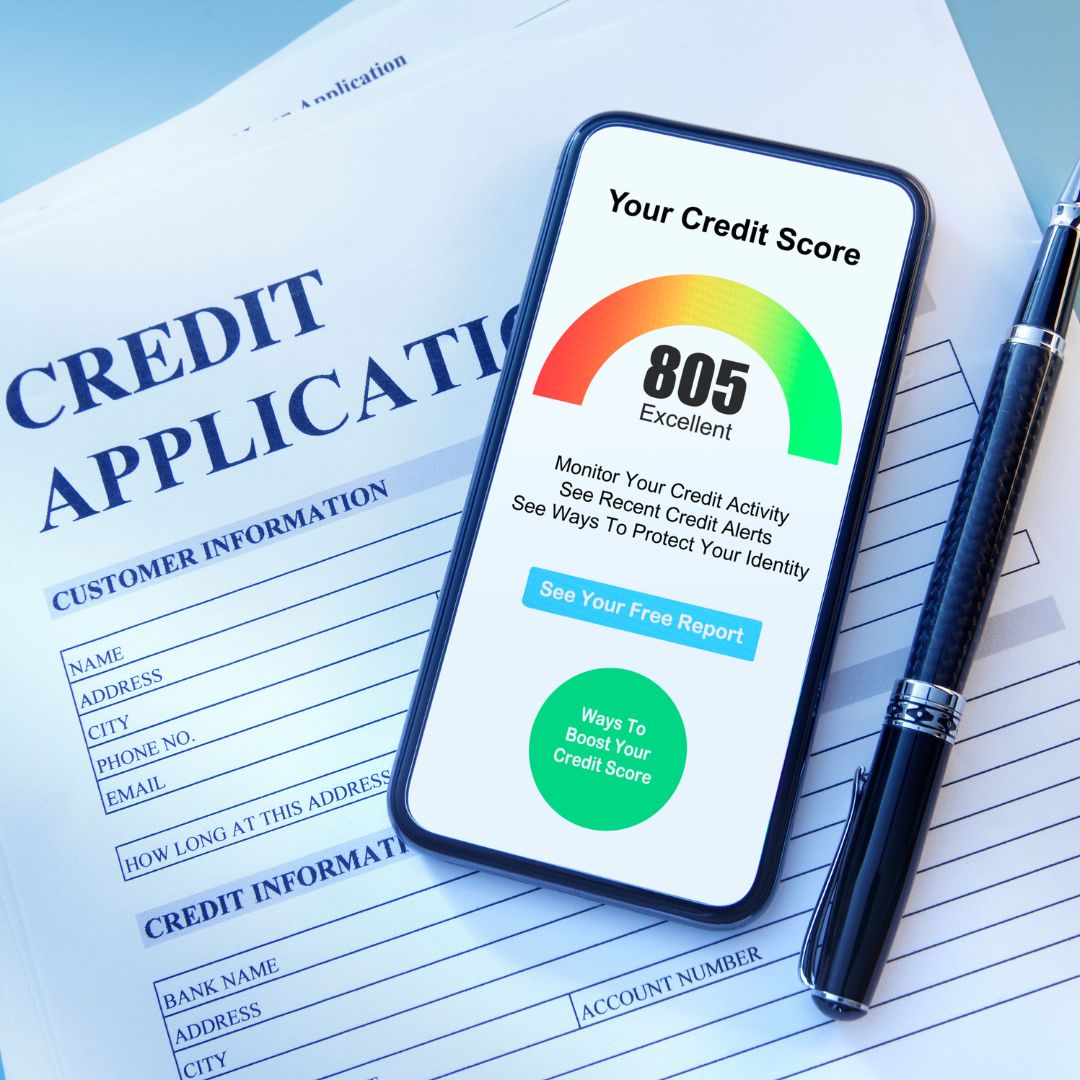Paper reading "Credit Application" with a phone on top of the paper showing a credit report