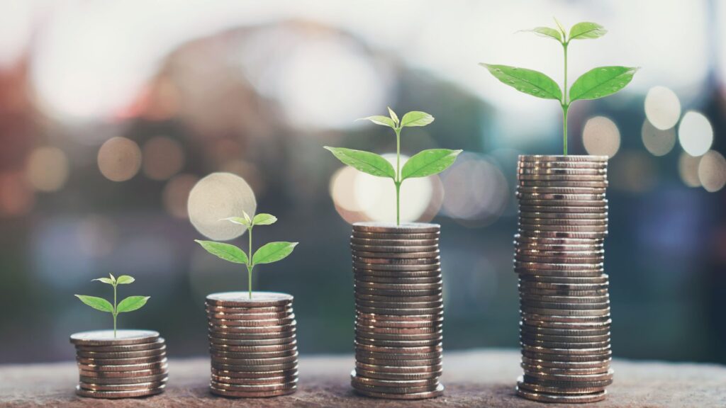 stacks of coins with small leaves growing from them