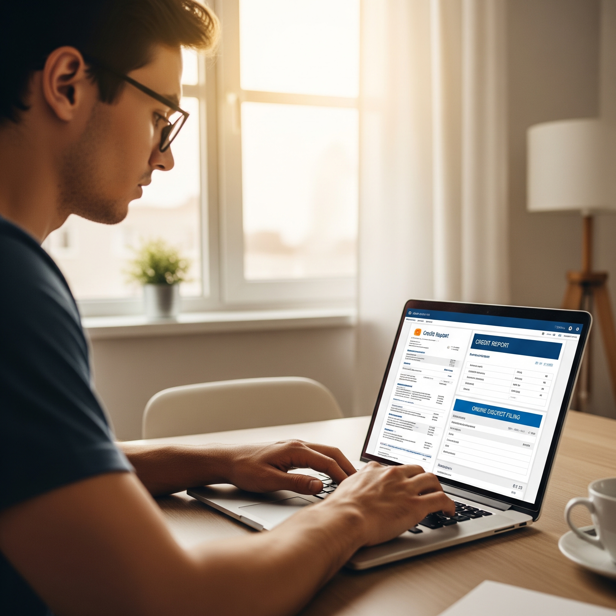 A person typing on a laptop, with a credit report on the screen, symbolizing online dispute filing.