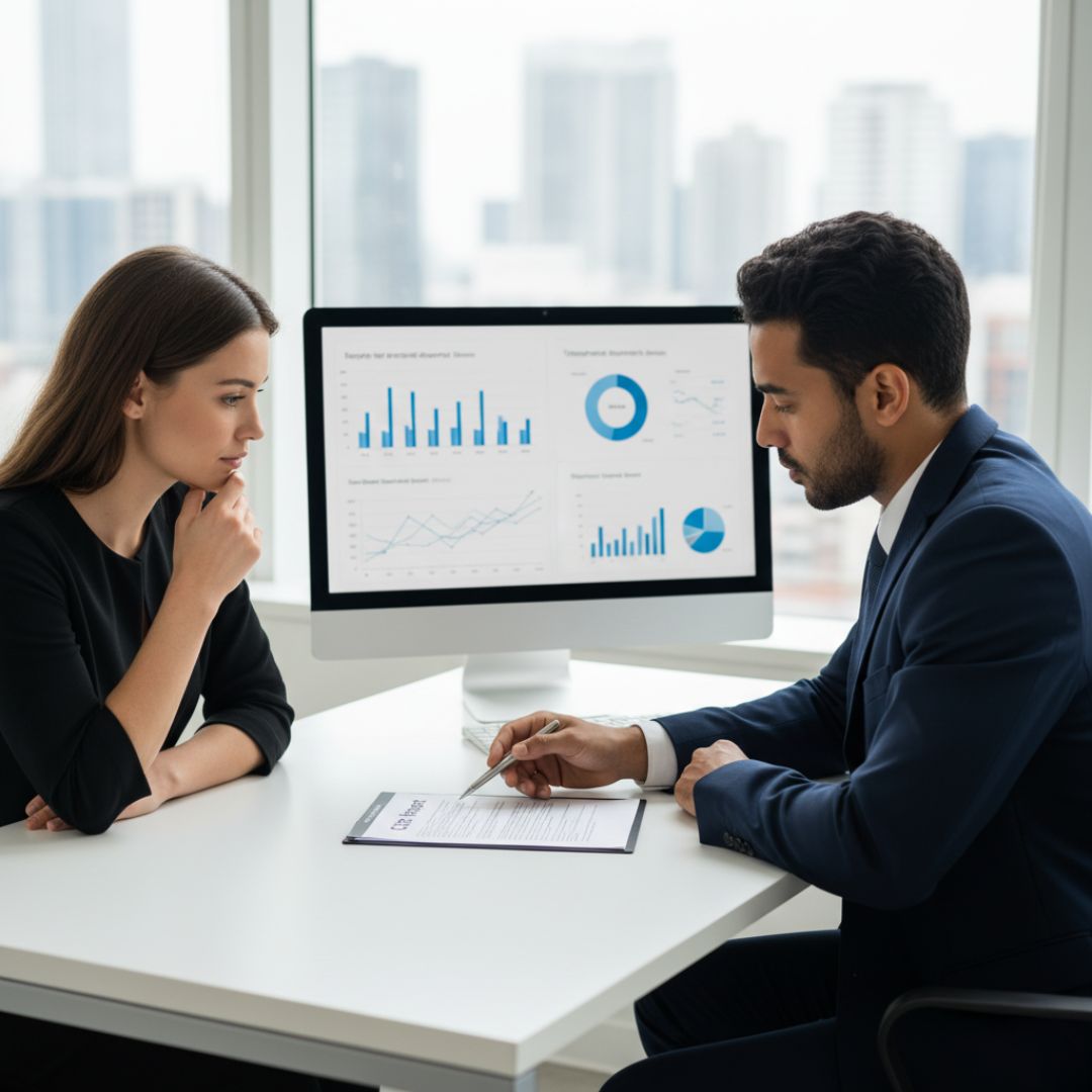 A male financial advisor in a suit is explaining a document labeled "Credit Report" to a focused female client sitting across from him at a desk. A computer screen displaying graphs is visible in the background.