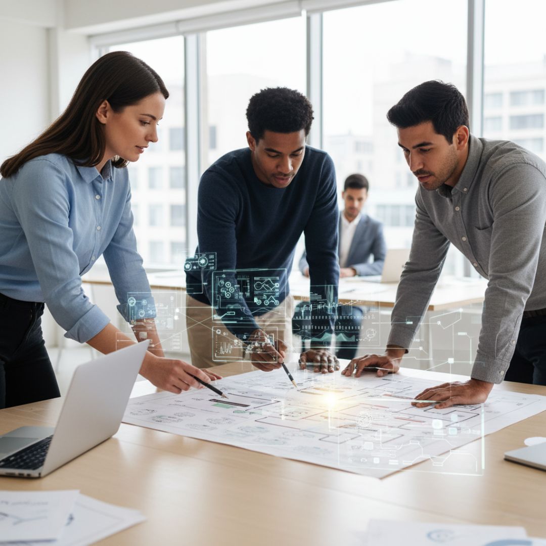 A diverse team of three professionals are collaborating, leaning over a large document that looks like a blueprint or complex plan, with digital overlays suggesting data or strategic planning. A laptop is open on the table, and another person is working in the background.