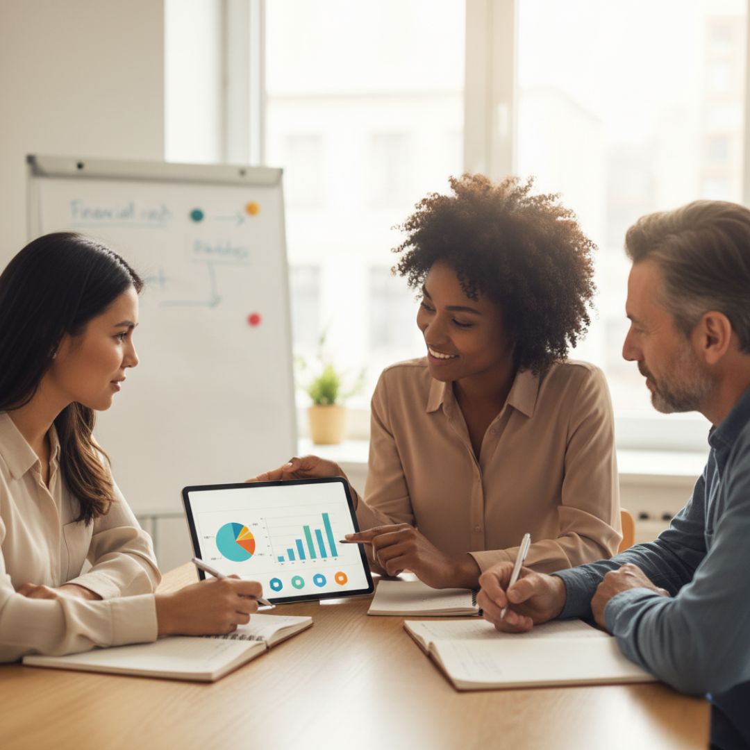 A smiling female financial advisor is presenting a budgeting chart on a tablet to a diverse couple, who are attentively taking notes at a conference table. A whiteboard with "Financial Goals" is visible in the soft-lit background.