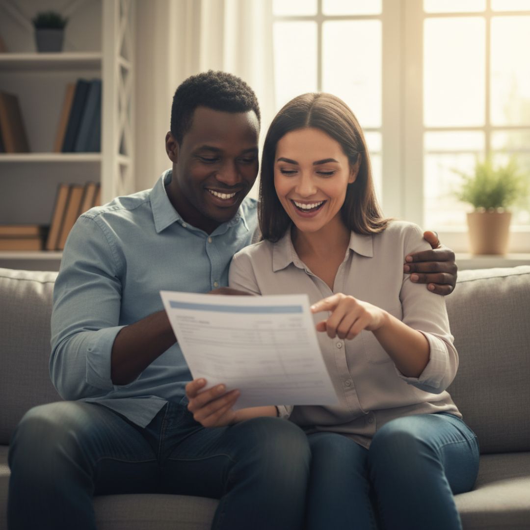 A happy, diverse couple sits closely on a sofa, smiling and looking enthusiastically at a document the woman is holding and pointing to, suggesting positive financial news or progress.