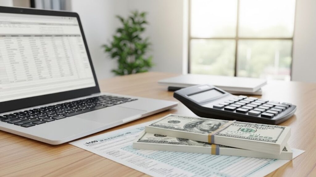 A modern desk with a laptop, calculator, tax forms, and a stack of cash representing a tax refund windfall.
