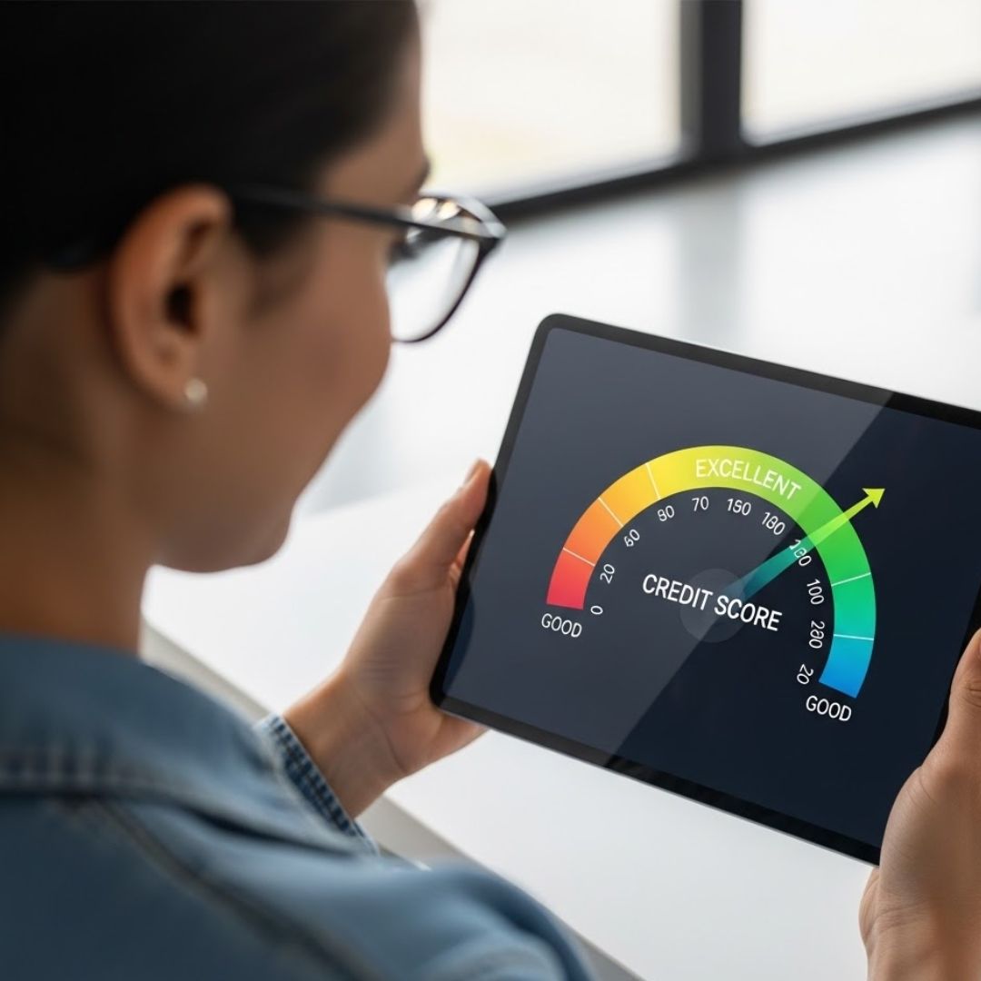 A person checking an improving credit score gauge on a modern digital tablet