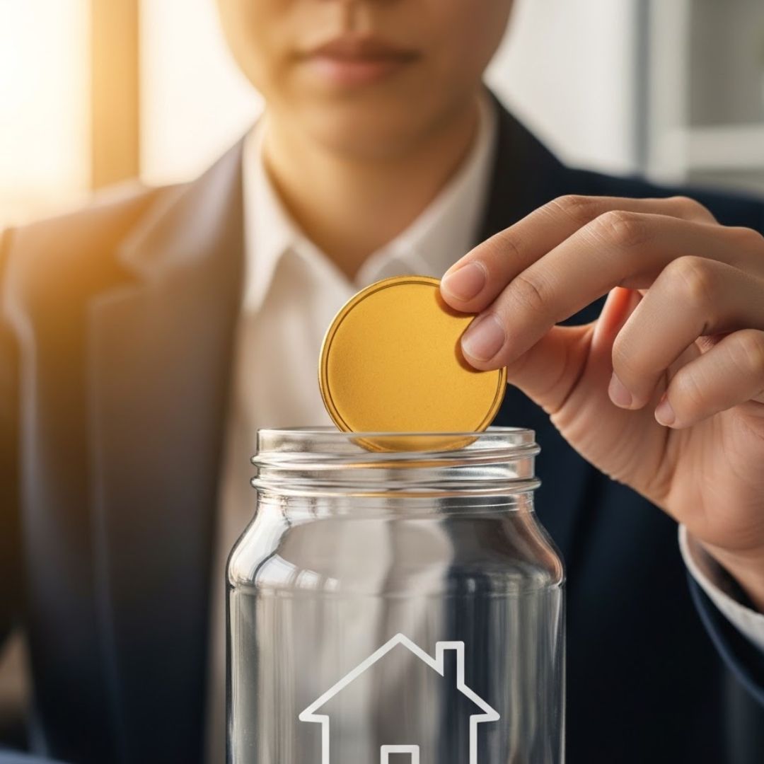 A person placing a large golden coin into a glass jar featuring a house icon.