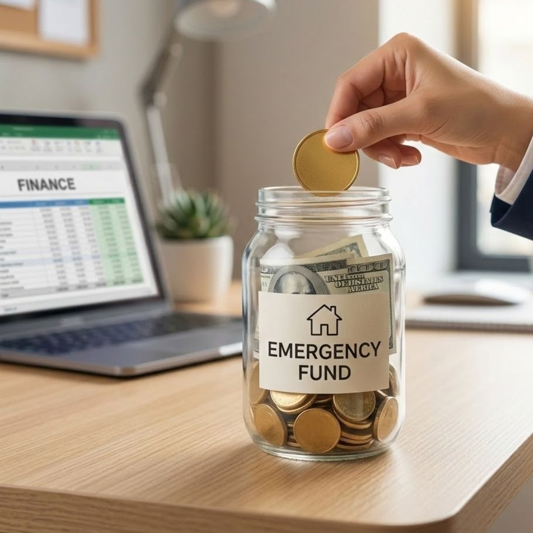 A professional setting showing the act of saving money for an emergency fund.