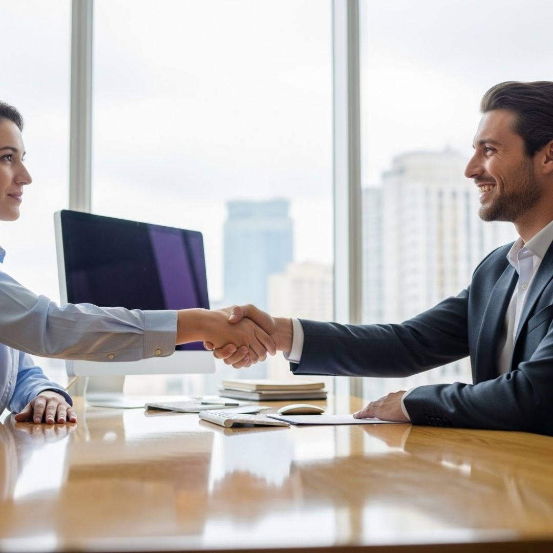 A professional handshake between a client and a consultant in a bright, modern office setting.