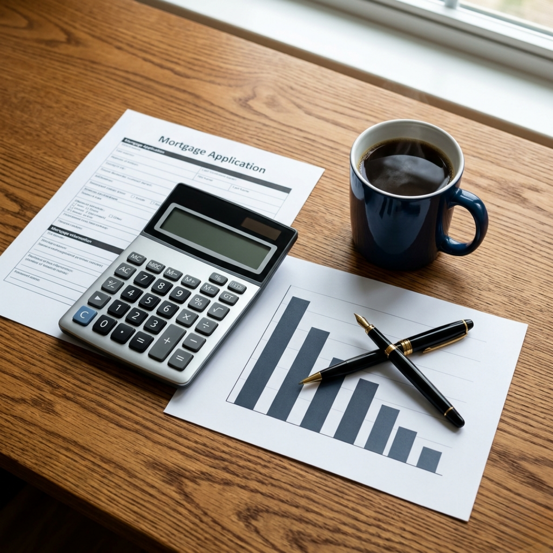 A mortgage application, calculator, and bar graph showing interest rates on a desk.