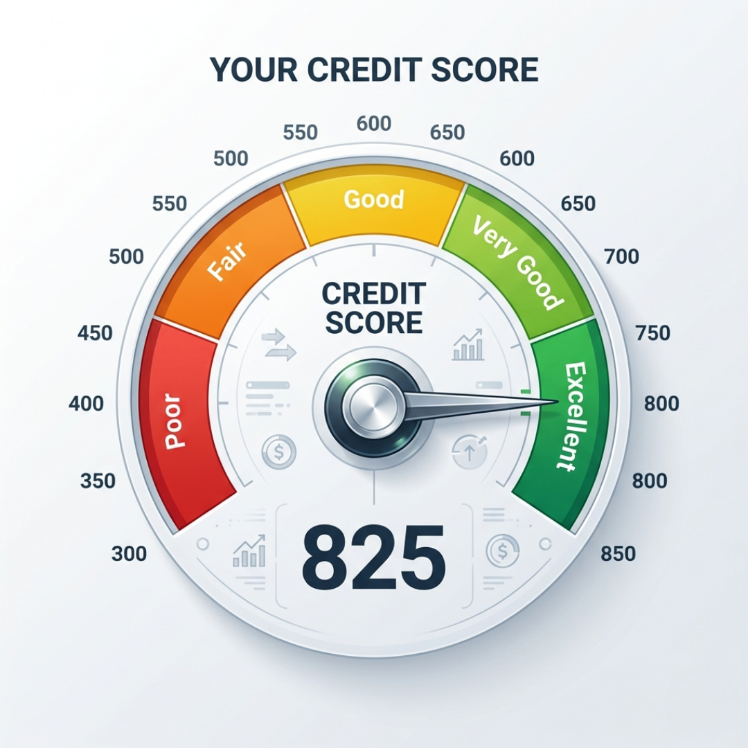A credit score meter pointing to the excellent tier.