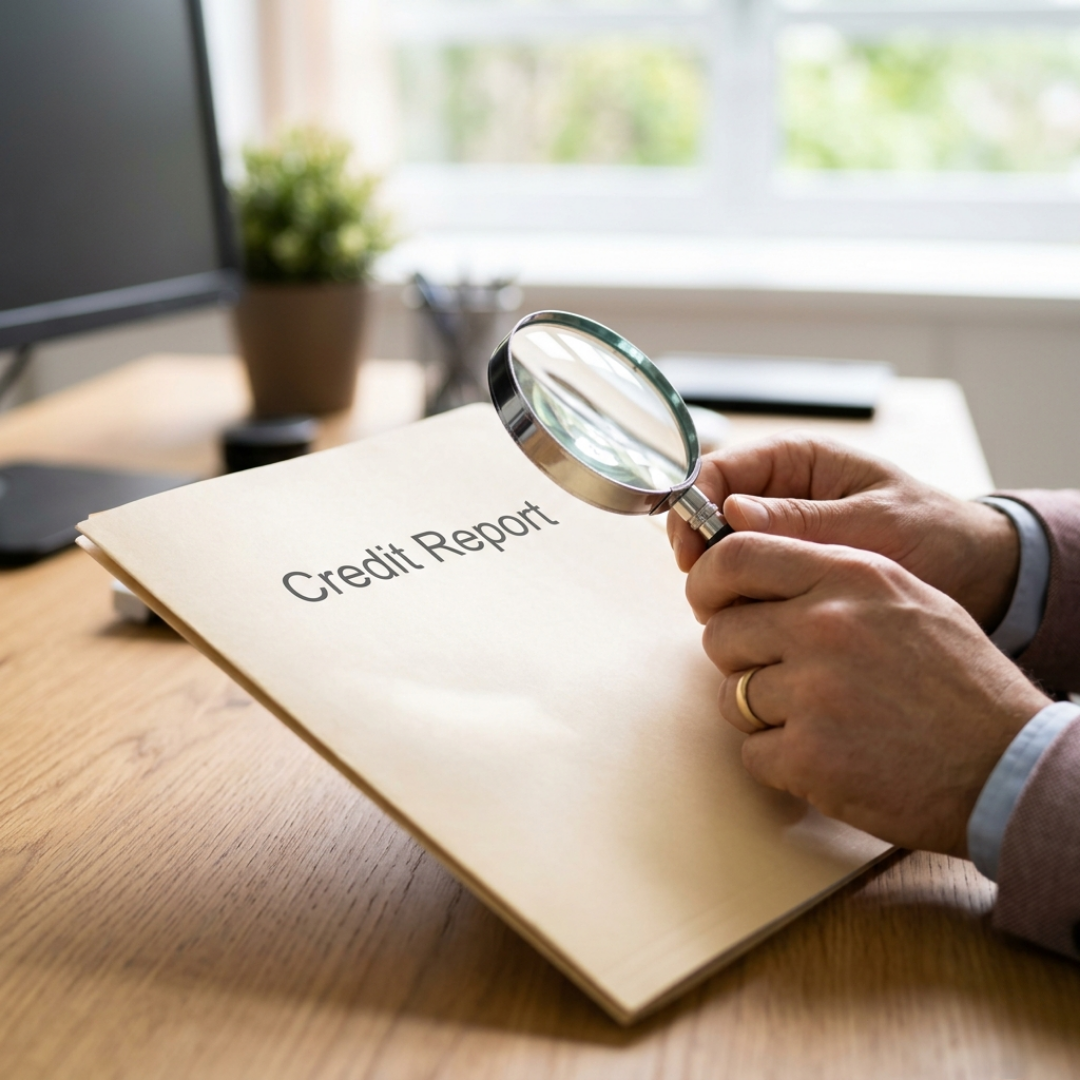 Hands using a magnifying glass to carefully review a printed credit report.