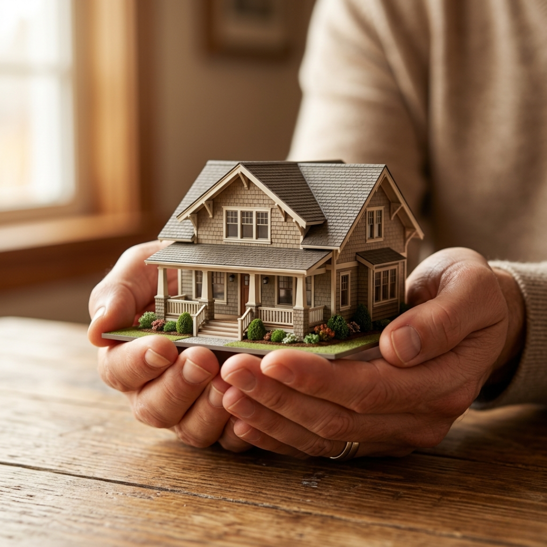 A small model house resting securely in a pair of supportive hands.