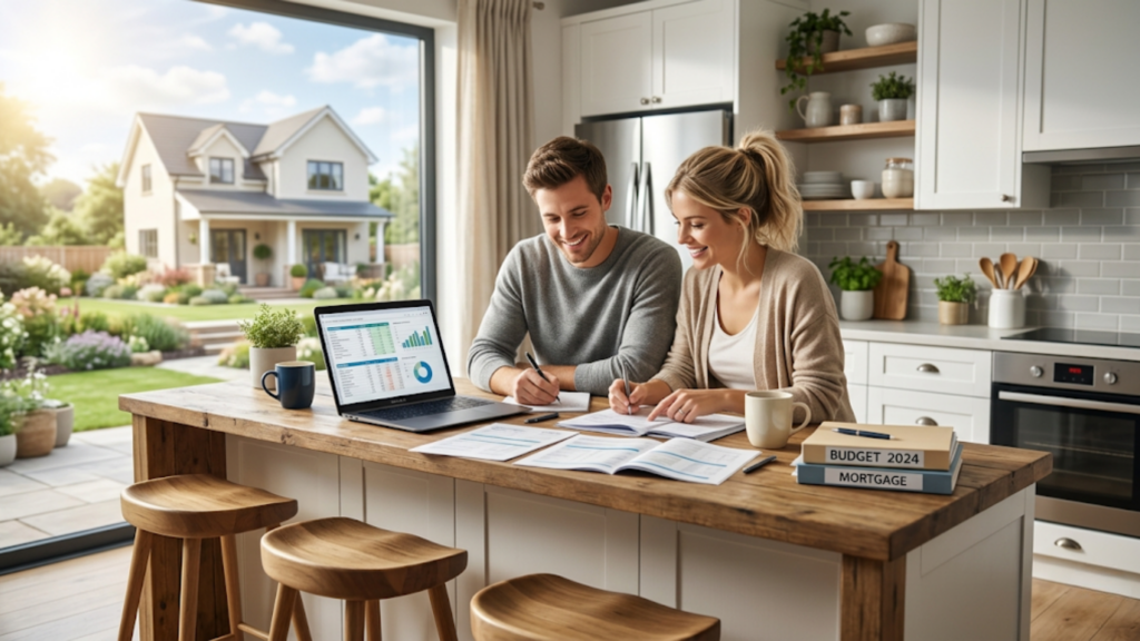 A happy couple reviewing financial documents and mortgage rates on a laptop in their home.